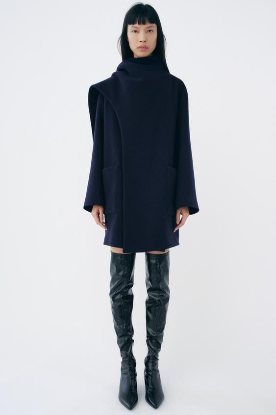 ZW COLLECTION ウール混紡スカーフ付きコート - ネイビーブルー | ZARA 