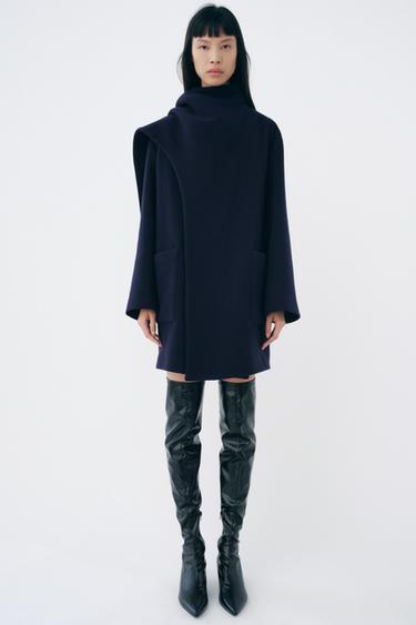 ПАЛТО С ЯКА ТИП ШАЛ С ПРИМЕС НА ВЪЛНА ZW COLLECTION - Морскосин от Zara