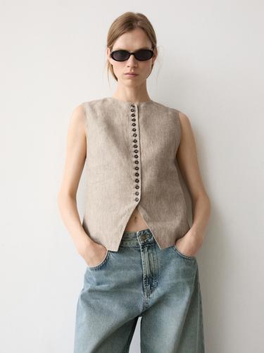 Zara Linen melange waistcoat with buttons - Beige