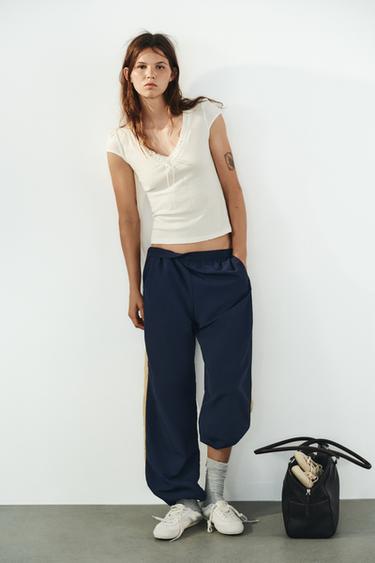 CONTRAST V-NECK T-SHIRT - Ecru by Zara - Image 0