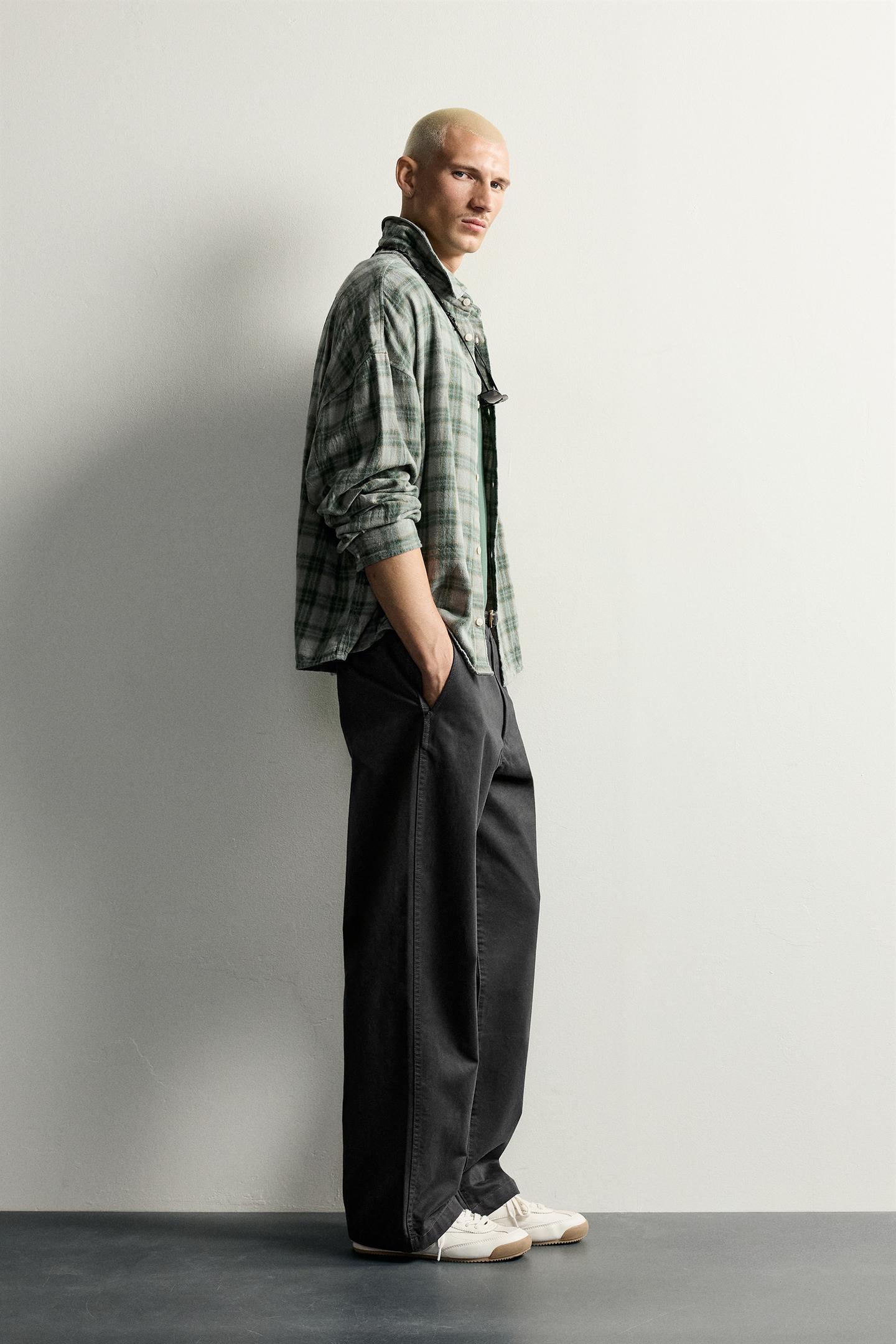 Мужская рубашка Zara Cropped Plaid, цвет: Зелёный — фото 4