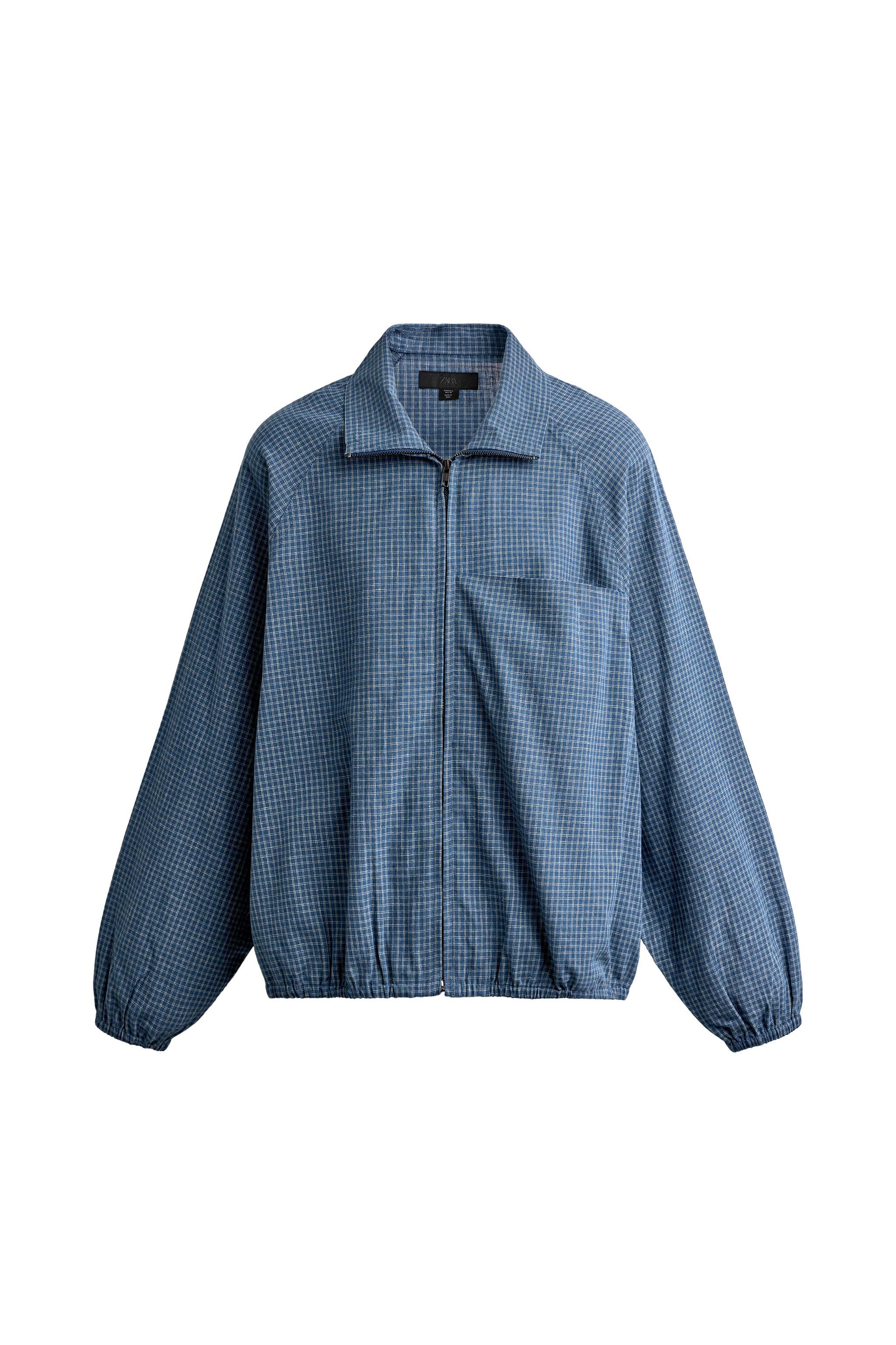 チェック柄ジップアップ リラックスフィットシャツ - ブルー | ZARA
