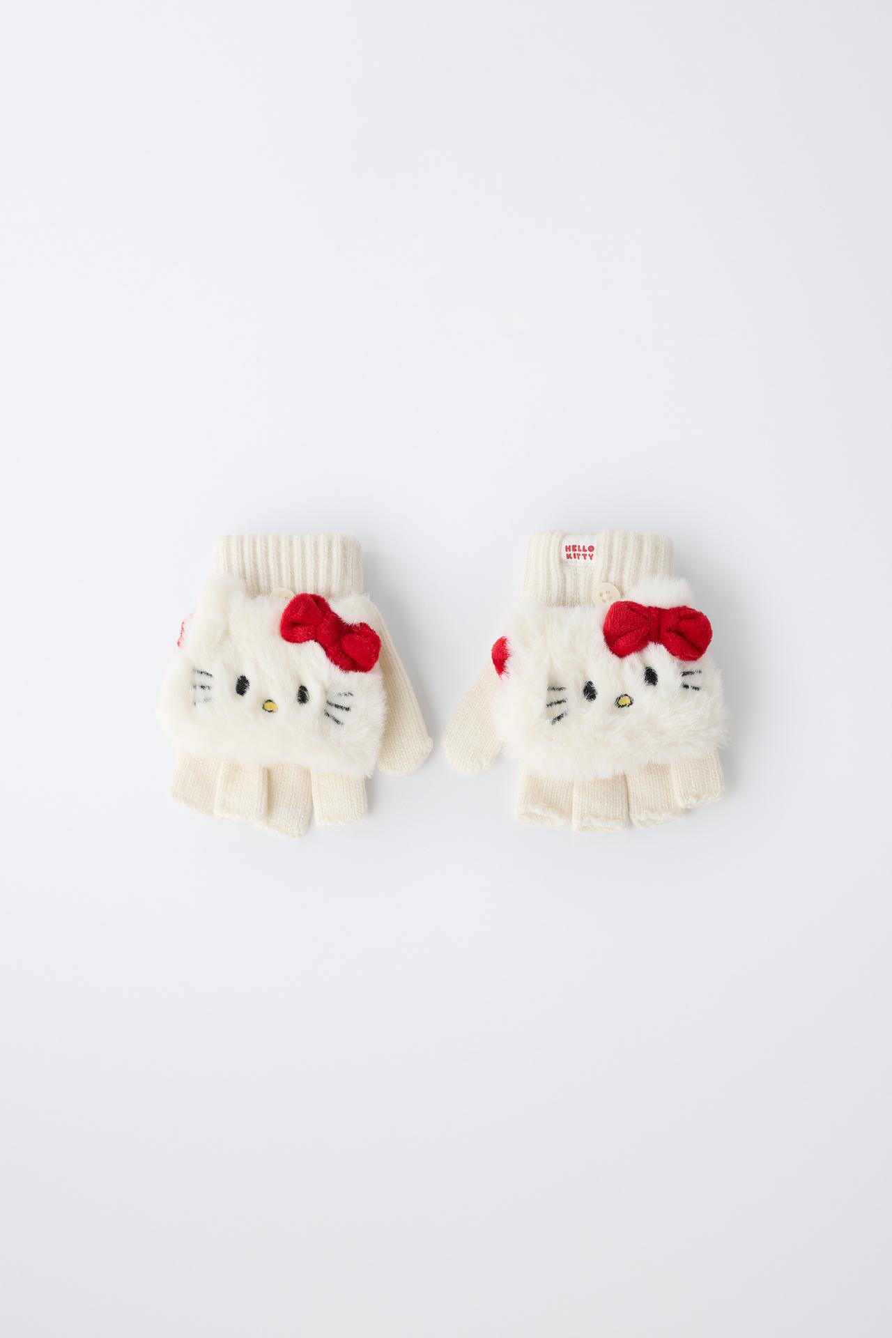 HELLO KITTY © SANRIO EMBROIDERED MITTENS — Ecru