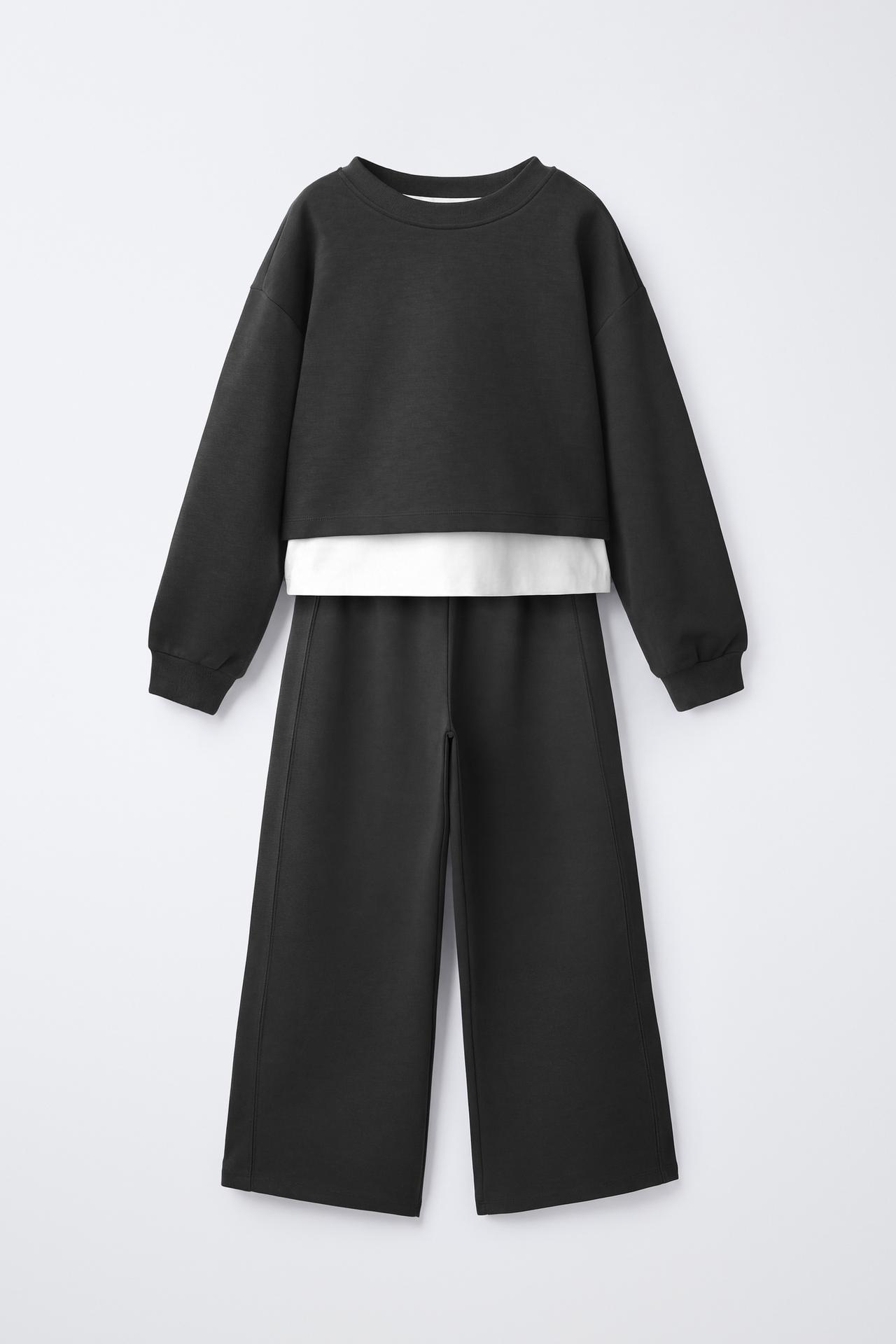 INTERLOCK DOUBLE SWEATSHIRT AND WIDE-LEG PANTS SET — Black