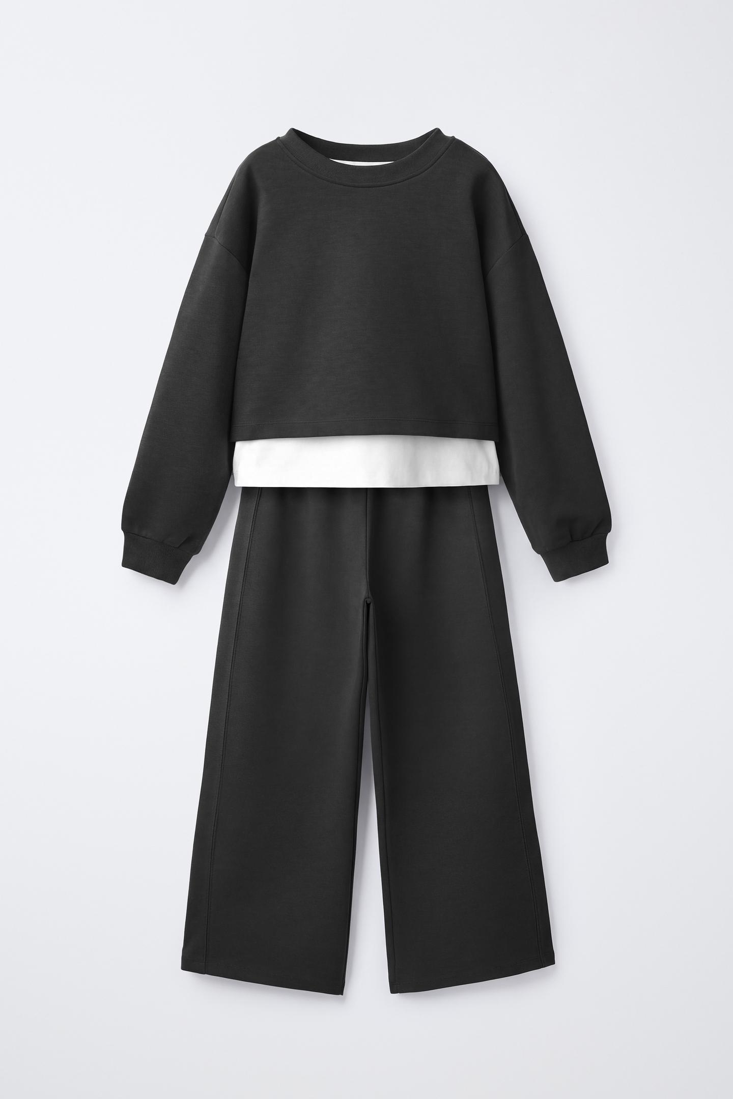 Детский комплект Zara Interlock Double Sweatshirt and Wide-Leg Pants Set, цвет: Чёрный — фото 1