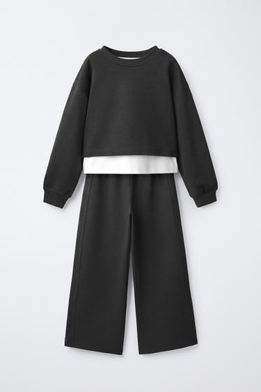 INTERLOCK DOUBLE SWEATSHIRT AND WIDE-LEG PANTS SET — Black 1