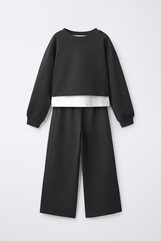 DOUBLE SWEATSHIRT AND WIDE-LEG TROUSERS SET - Black by Zara - Image 0