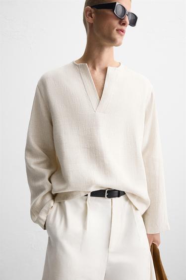 CHEMISE POLO STRUCTURÉE MÉLANGE LIN - Écru de Zara - Image 4