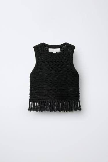 АЖУРНЫЙ ТРИКОТАЖНЫЙ ТОП С БАХРОМОЙ — ЧЕРНЫЙ от Zara