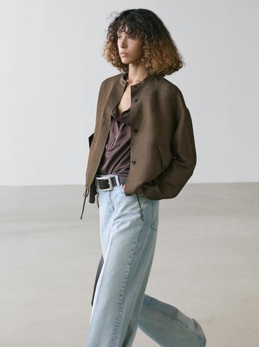 Zara Linen and silk bomber jacket - Khaki
