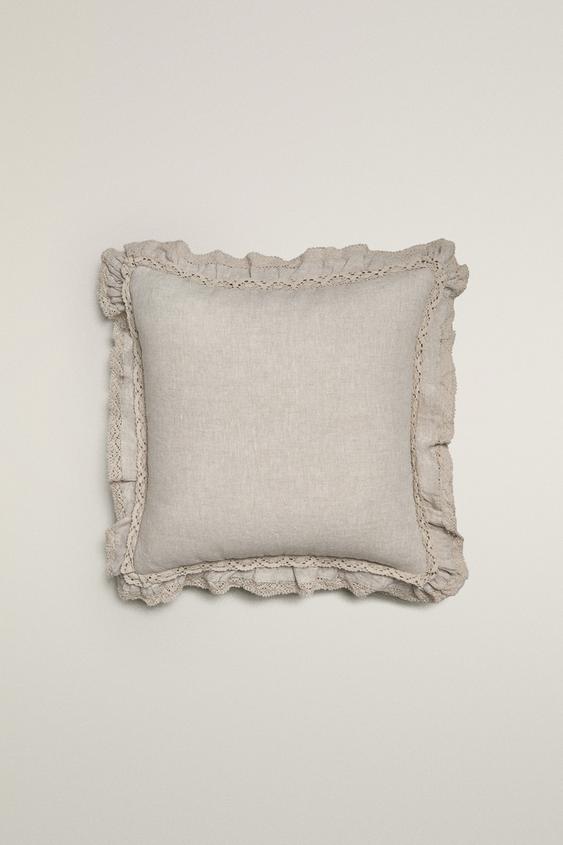 Zara LINEN THROW PILLOW COVER FOR QUILTS WITH LACE TRIM - Light beige - Image 0