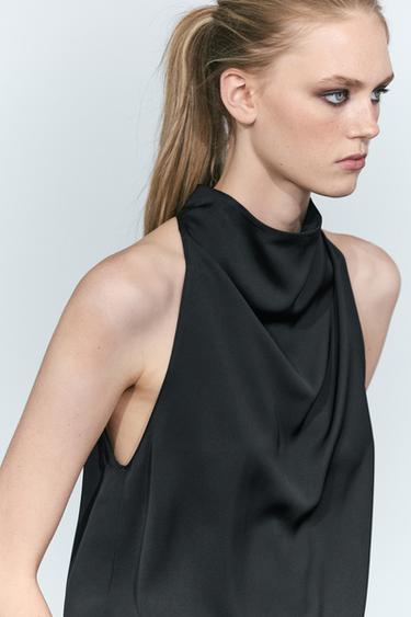 Flowing halter neck top with waistband effect — Black 1
