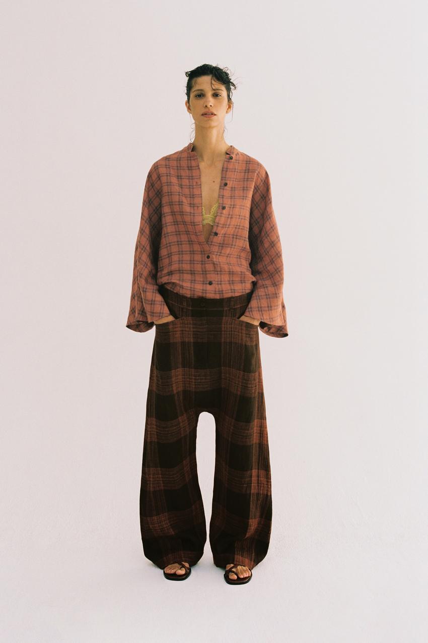 ZW COLLECTION チェック柄リネンパンツ - ブラウン | ZARA Japan / 日本