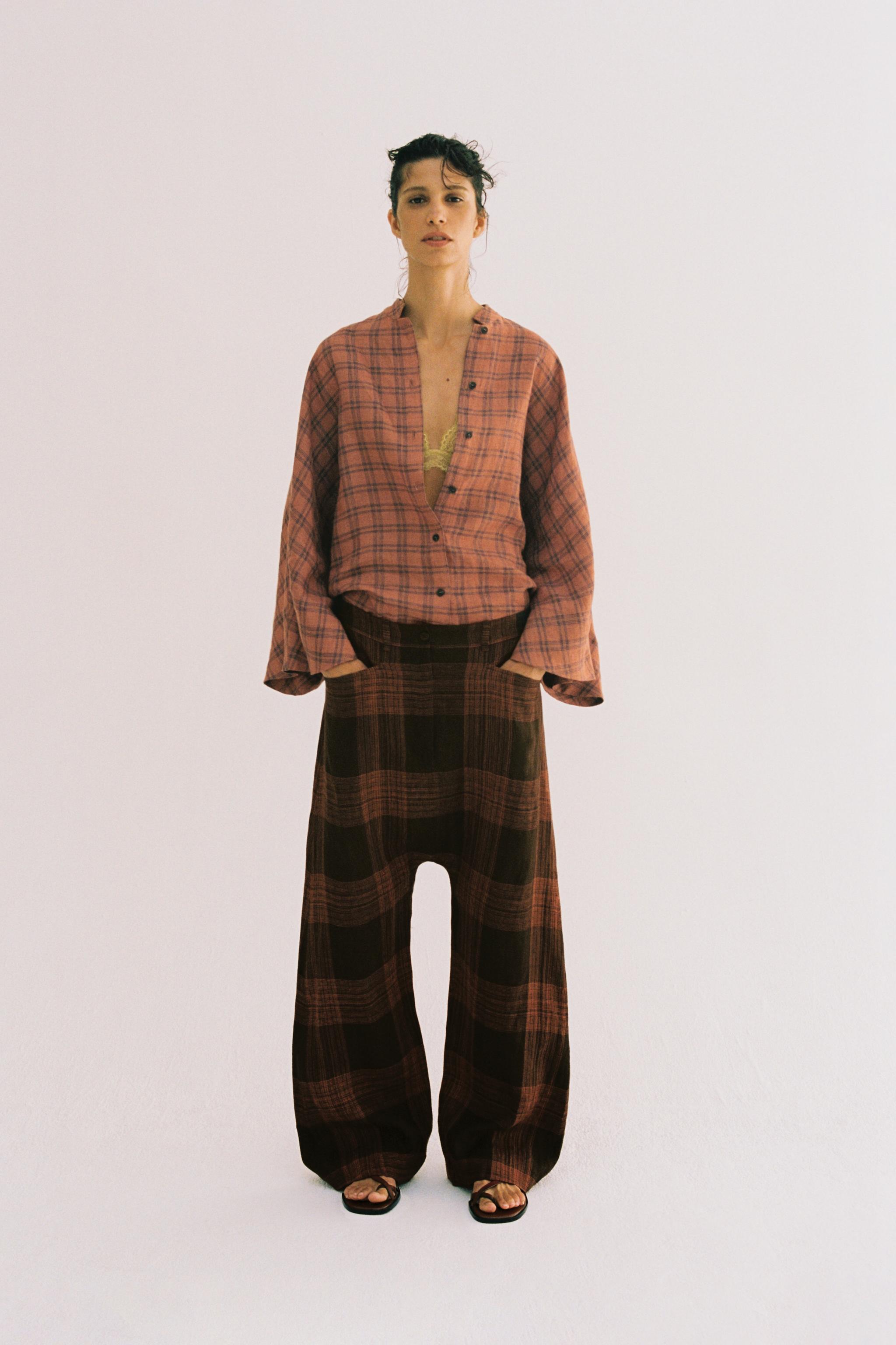 Женские брюки Zara ZW COLLECTION CHECKED LINEN TROUSERS