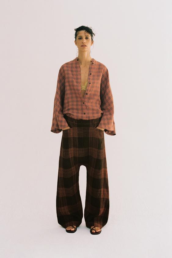 ZW COLLECTION CHECKED LINEN TROUSERS - Brown by Zara - Image 0