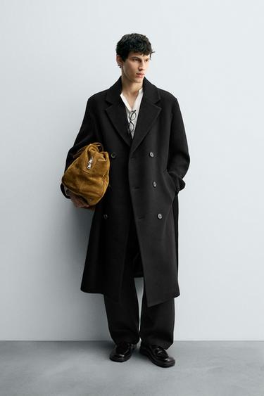 Zara DOUBLE-BREASTED WOOL BLEND COAT WITH BELT - Black