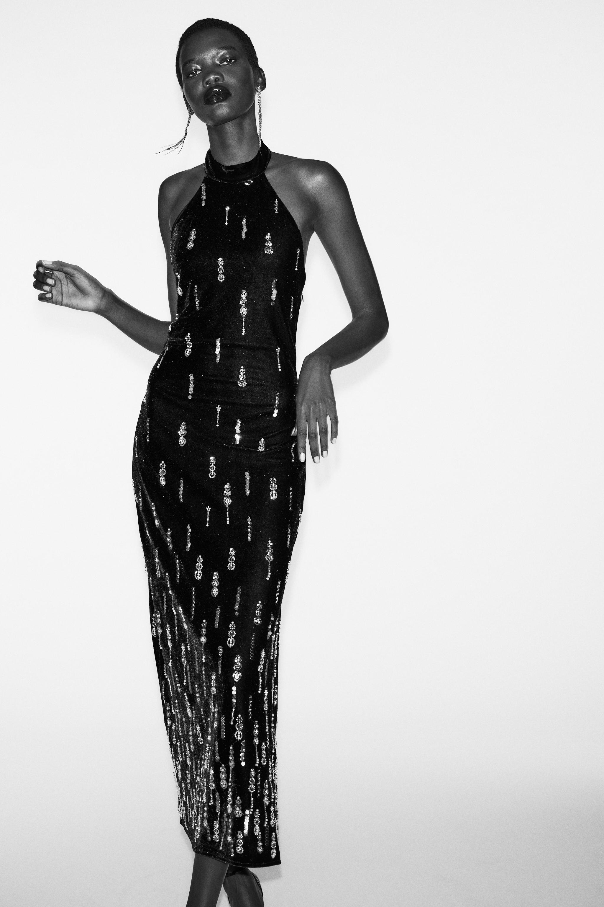 BEADED VELVET MIDI DRESS