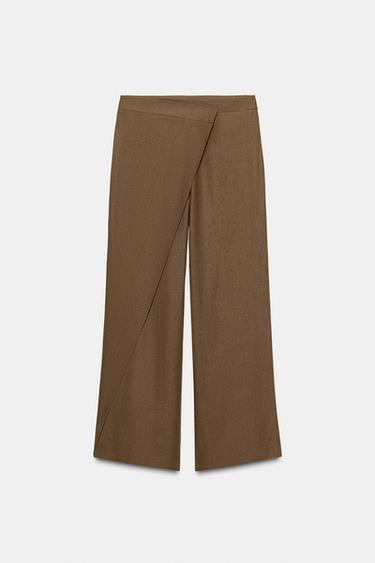 Zara LINEN WRAP PANTS - Toffee