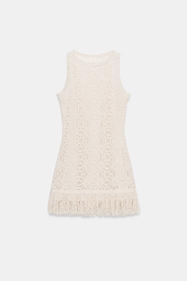 KORTE JURK MET HAAKWERK EN FRANJES - Lichtbeige van Zara