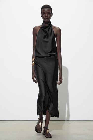Zara SATIN EFFECT MIDI SKIRT - Black