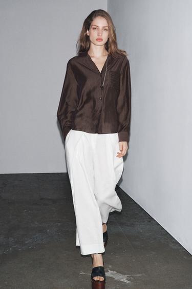 Zara ZW COLLECTION EMBROIDERED POCKET SHIRT - Brown