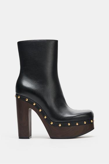 Zara PLATFORM LEATHER ANKLE BOOTS - Black