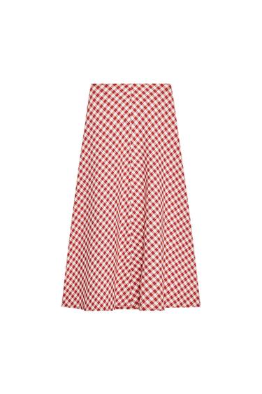 Front view of a midi skirt with a red and white check print.