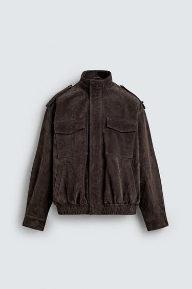 Zara SUEDE LEATHER JACKET - Anthracite grey
