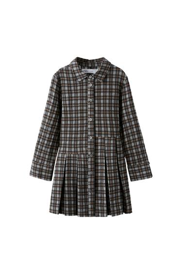 Long-sleeved checked dress with front buttons and a pleated skirt on a white background. Inner label with the text ZARA.