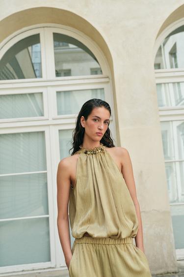 BEADED NECK TOP - Olive green by Zara