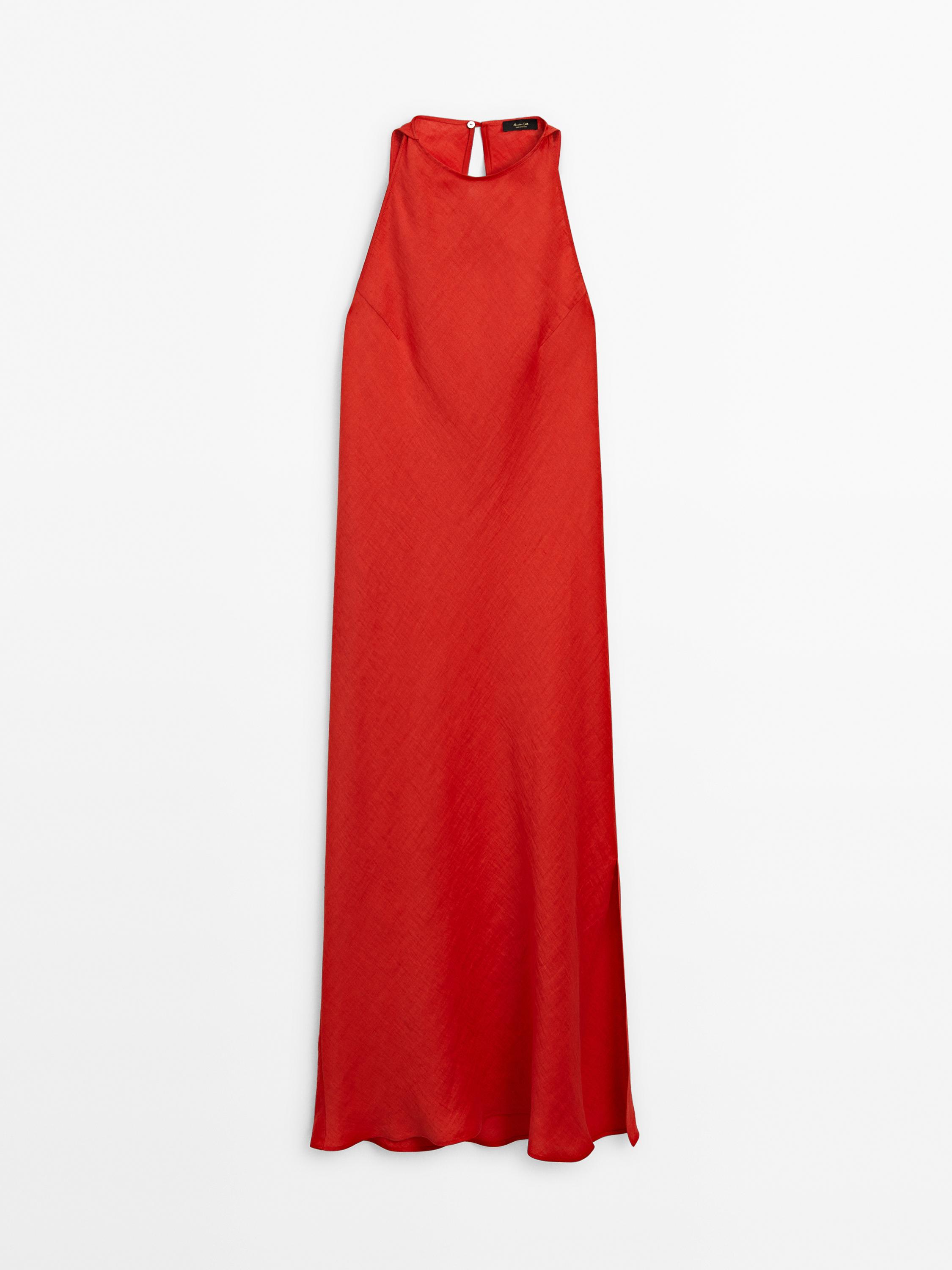 Red halter neck dress