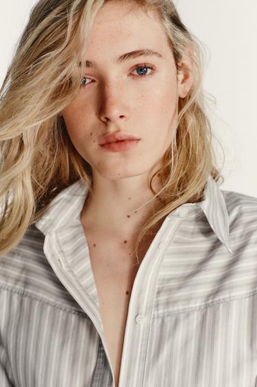 STRIPED POPLIN SHIRT WITH SHOULDER PADS - White / Grey by Zara - Image 2