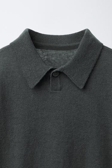 Zara KNIT COTTON LINEN POLO SHIRT - Charcoal gray
