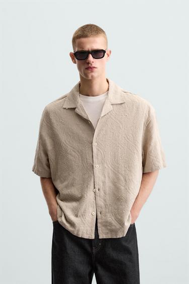 Zara GEOMETRIC JACQUARD SHIRT - Taupe gray