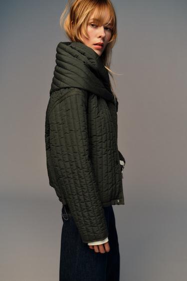 PUFFER JACKET WITH DETACHABLE SCARF - Dark khaki by Zara - Image 3