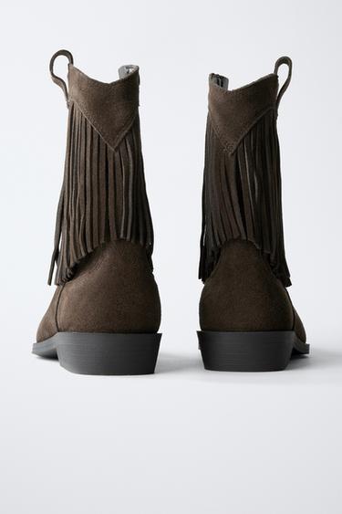 LEATHER COWBOY ANKLE BOOTS WITH FRINGES - Brown by Zara - Image 5
