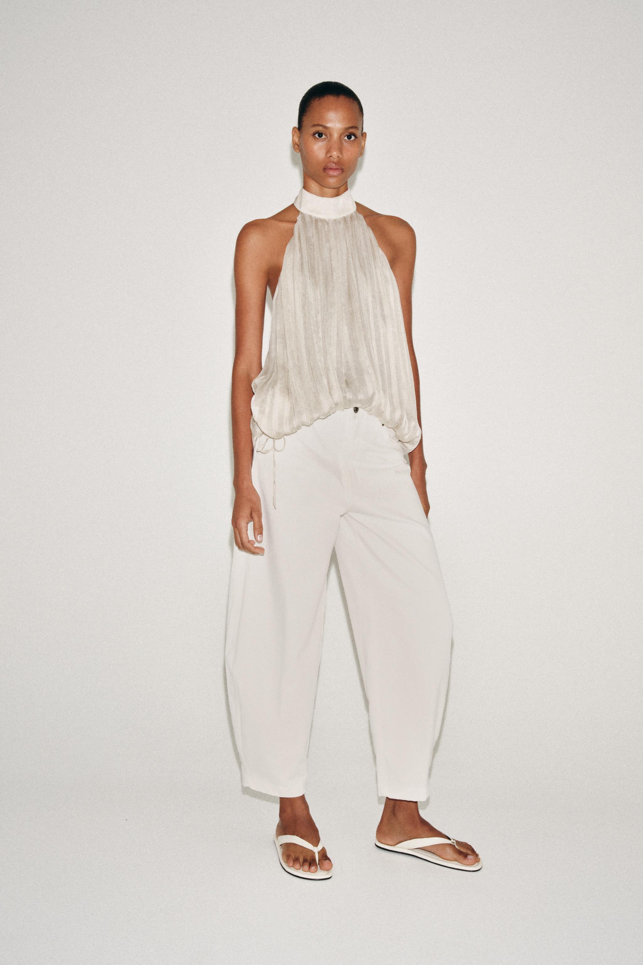 ZW COLLECTION PLEATED HALTER TOP — Pearl / Beige