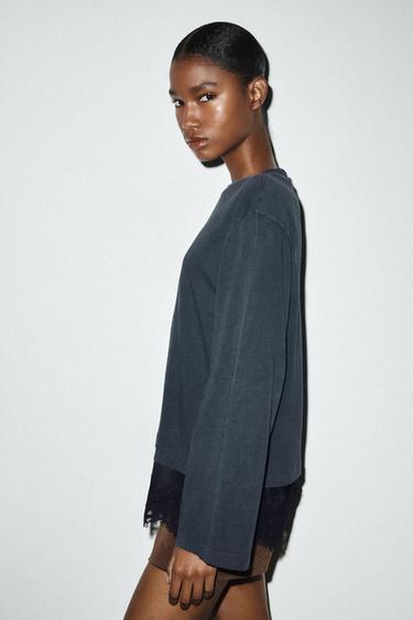T-SHIRT BIMATIÈRE DENTELLE - Noir de Zara - Image 3