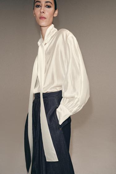 CHEMISE SATINÉE À LIENS ZW COLLECTION - Blanc cassé de Zara - Image 4