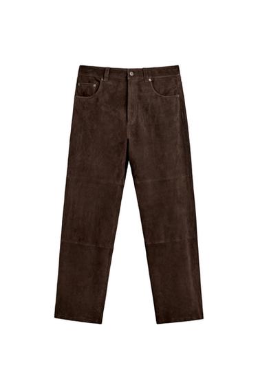 STRAIGHT-LEG SUEDE LEATHER TROUSERS - Dark brown by Zara