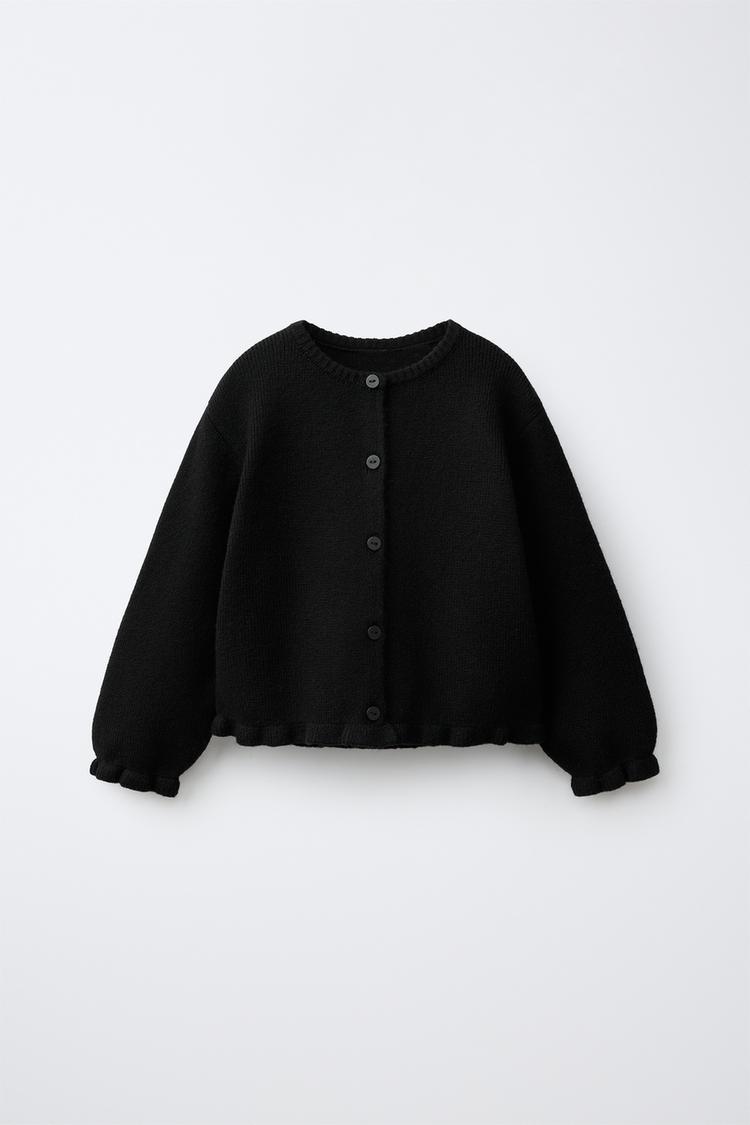 RUFFLED KNIT CARDIGAN — Black