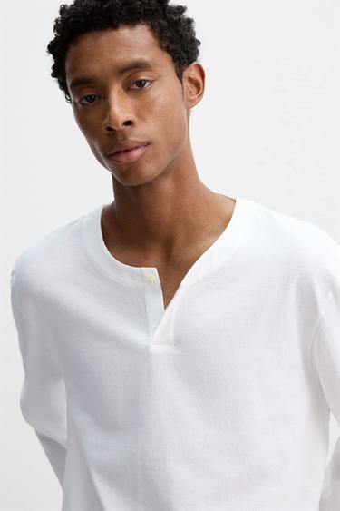 BUTTON NECK T-SHIRT - White by Zara - Image 4