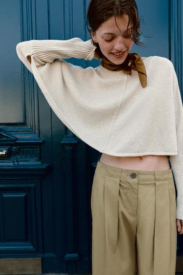 Zara BATWING SLEEVE CROPPED JUMPER - Ecru