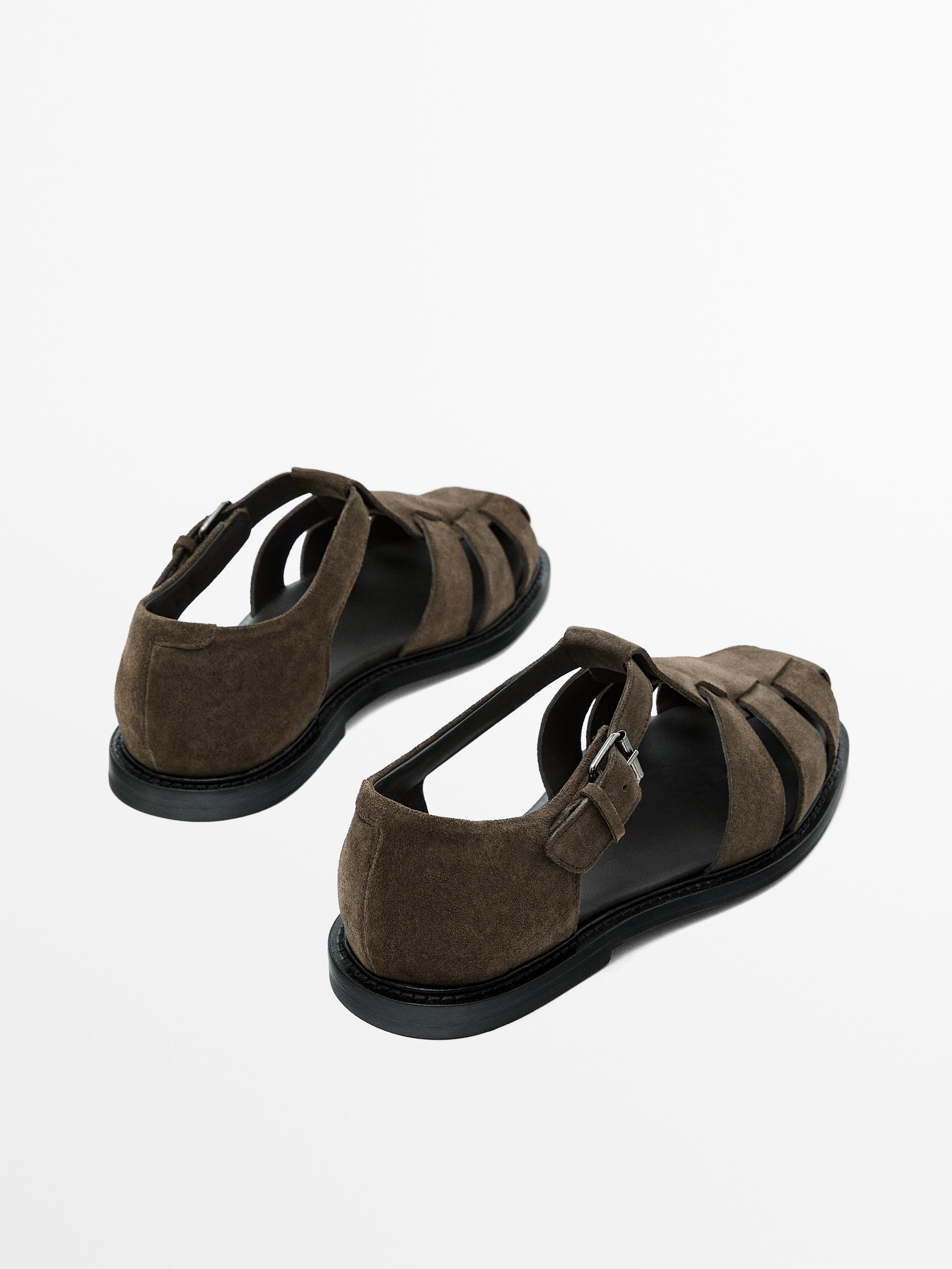 Leather cage sandals with split leather finish - Mink Gray | ZARA 