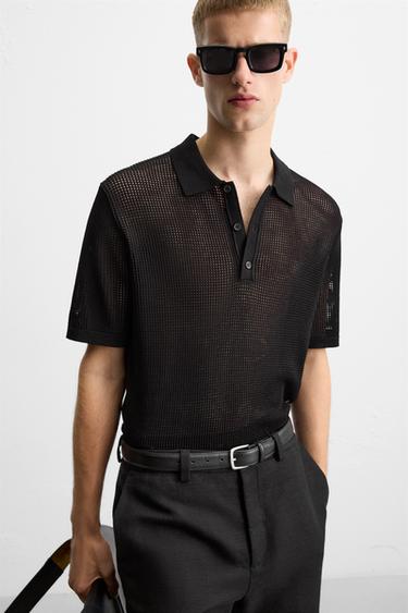 OPENWORK KNIT POLO SHIRT - Black by Zara - Image 4