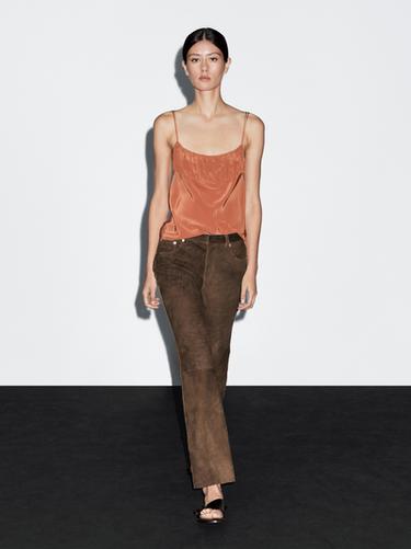 Zara Goatskin leather trousers with suede finish - Brown - Image 0