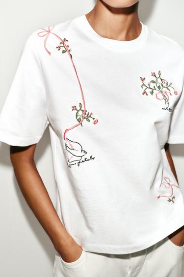 Zara EMBROIDERED FLORAL T-SHIRT - White