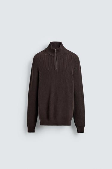 PURL KNIT SWEATER WITH ZIP - Brown by Zara
