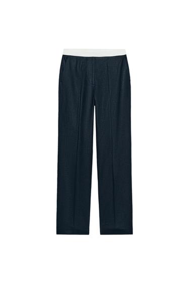 Zara STRAIGHT LEG LINEN PANTS WITH CONTRAST WAIST - Navy blue