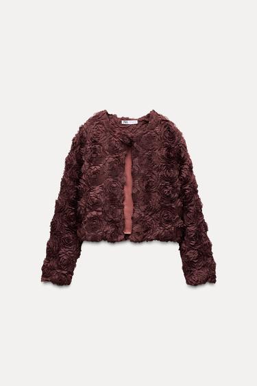 CROPPED TEXTURED FLORAL JACKET - Dark brown by Zara